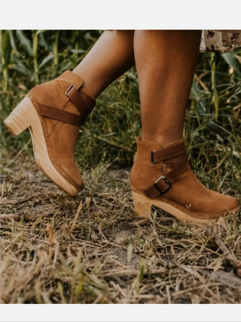 Free People Bungalow Wooden Clog Ankle Boot Strap Suede Sand Sz 39